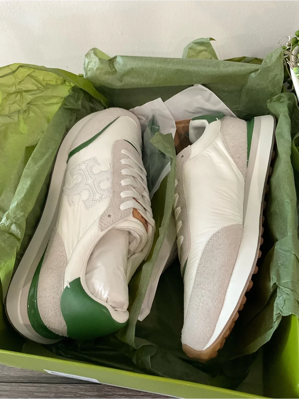 White & Green Leather Suede Sneakers